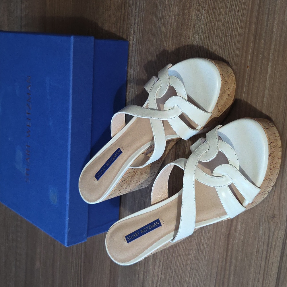 Stuart Weitzman White Cork Wedge Sandals